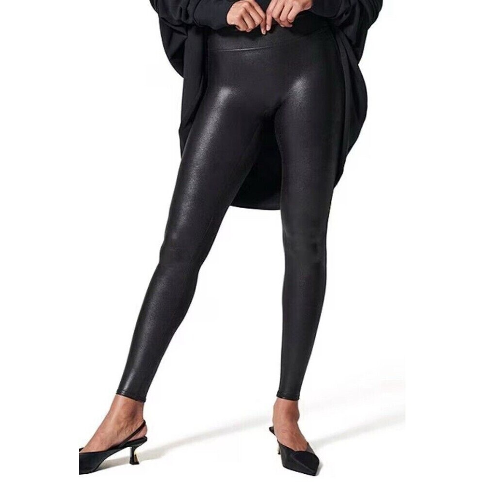 SPANX Faux Leather Black Leggings Women XL Stretch High Rise Ankle Slimming